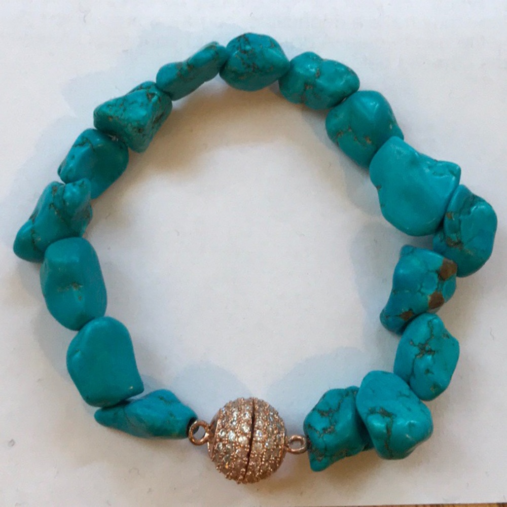 Turquoise beaded pave cz rose gold clasp bracelet